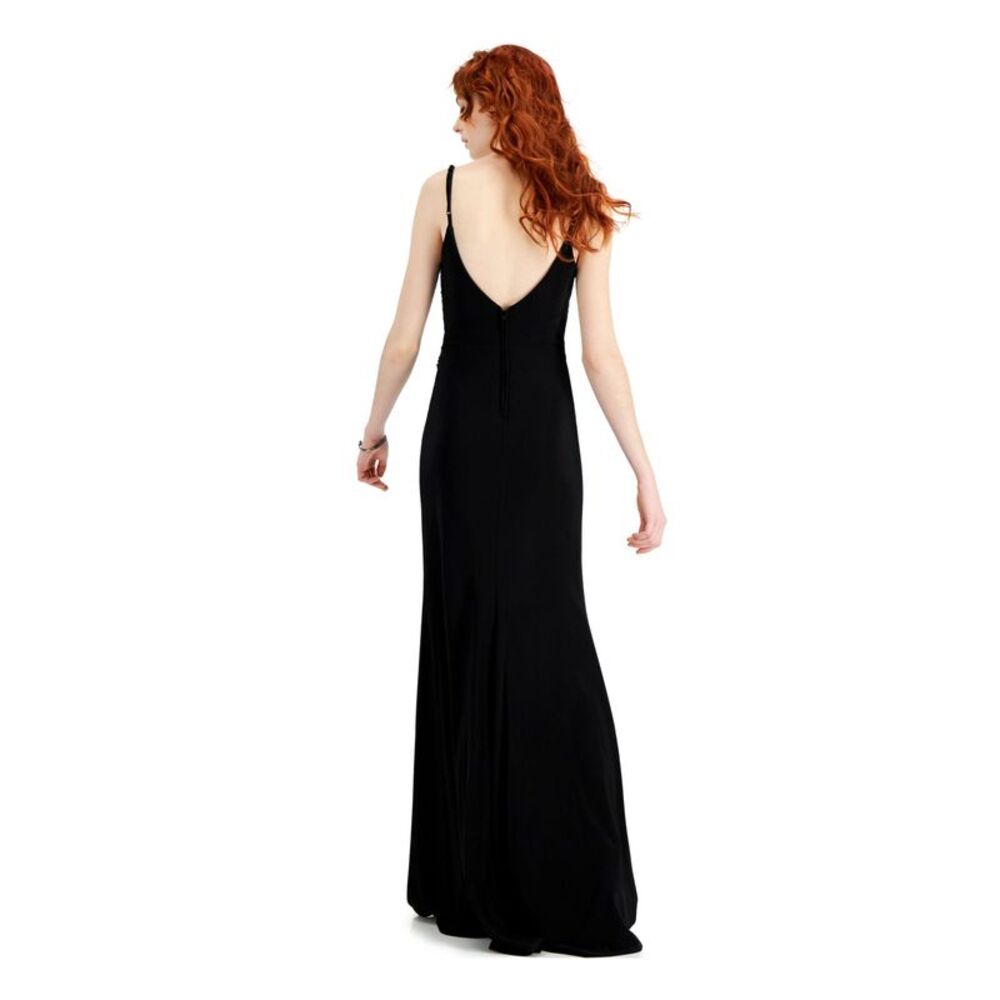B DARLIN Womens Slitted Spaghetti Strap V Neck Full-Length Prom Shift Dress - Picture 2 of 4